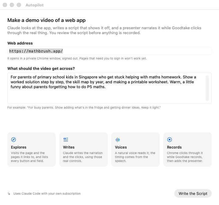 Autopilot's window: the web address and the brief