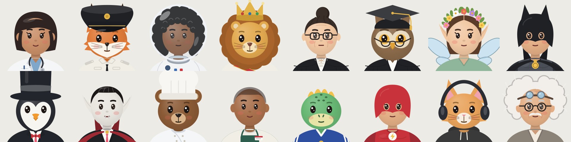 Sixteen characters made in the character builder: a doctor, a fox pilot, an astronaut, a lion king, a judge, an owl graduate, a fairy, a masked hero, a penguin in a top hat, a vampire, a bear chef, a barista, a dino athlete, a speedster, a cat in headphones and a professor